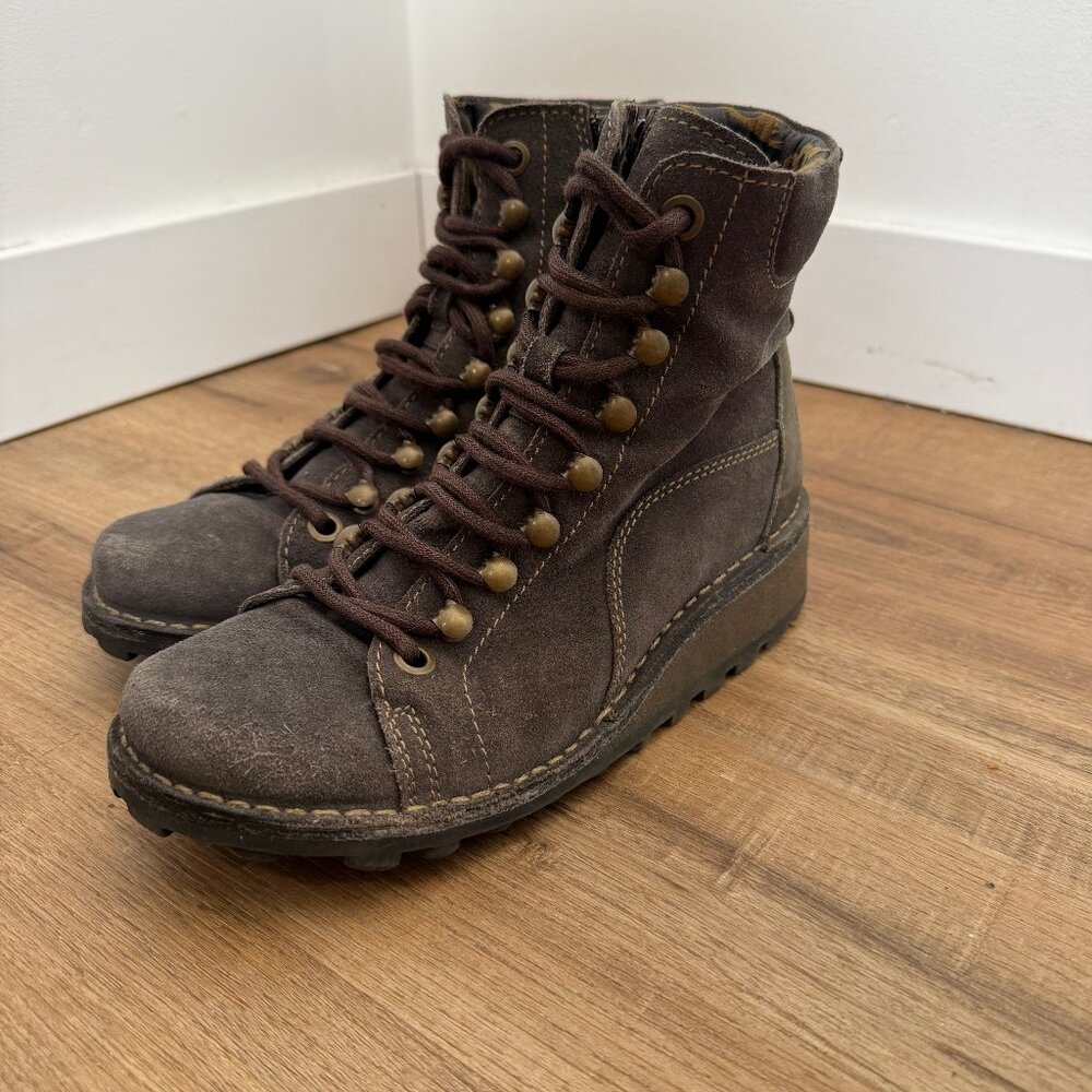 Fly London Malu Suede Lace Up Ankle Boots Moto Flat Bohemian Earthy 37